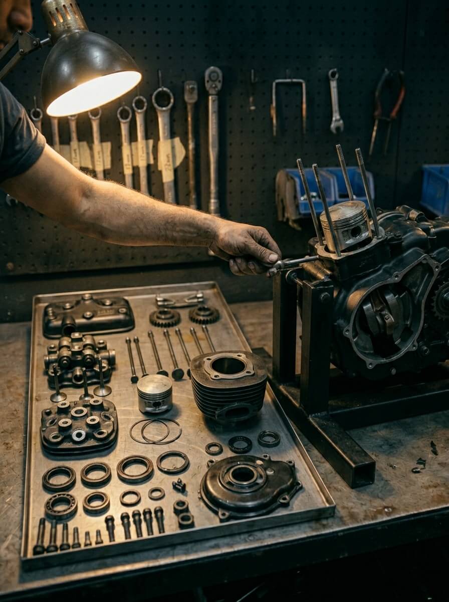 A Royal Enfield engine mid-service at the BLR Piston bench