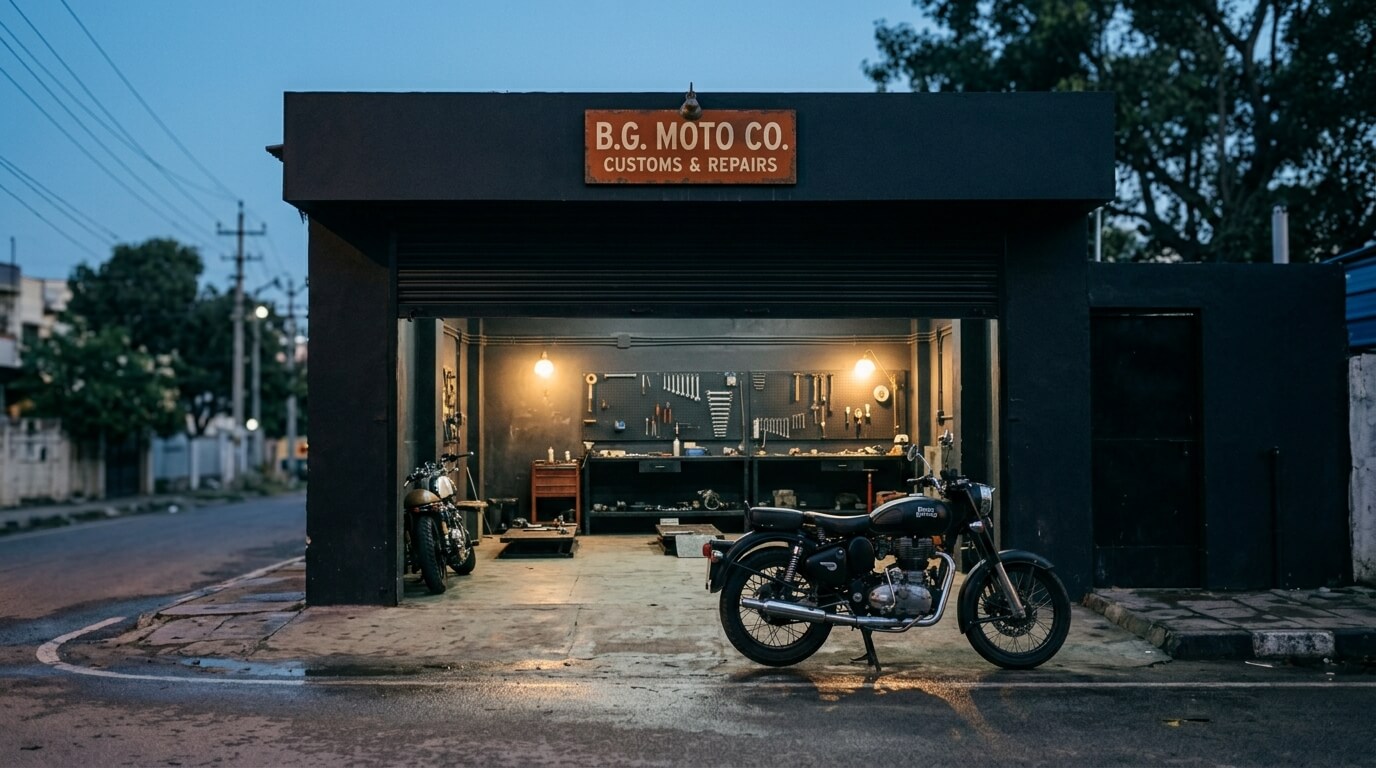 The BLR Piston workshop storefront on B.G. Road at dusk